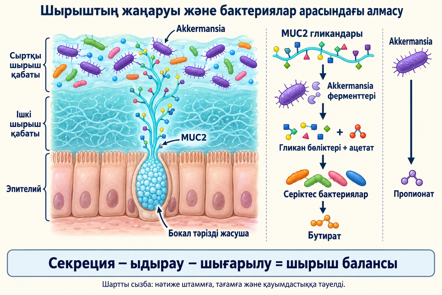 MUC2 жаңаруы, ішкі және сыртқы шырыш қабаттары мен бактериялар арасындағы алмасу: серіктестер бутират, ал Akkermansia бөлек жолмен пропионат түзеді.