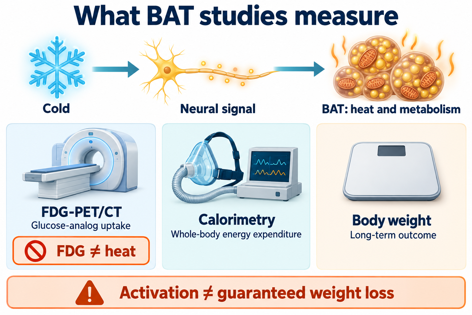 Cold, neural signal and BAT; FDG-PET, calorimetry and body weight measure distinct outcomes.