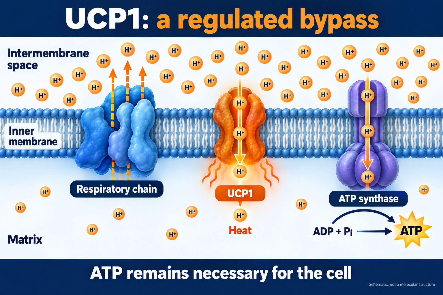 Respiratory chain pumps H⁺ out; UCP1 and ATP synthase return H⁺ to matrix, supporting heat and ATP through parallel pathways.