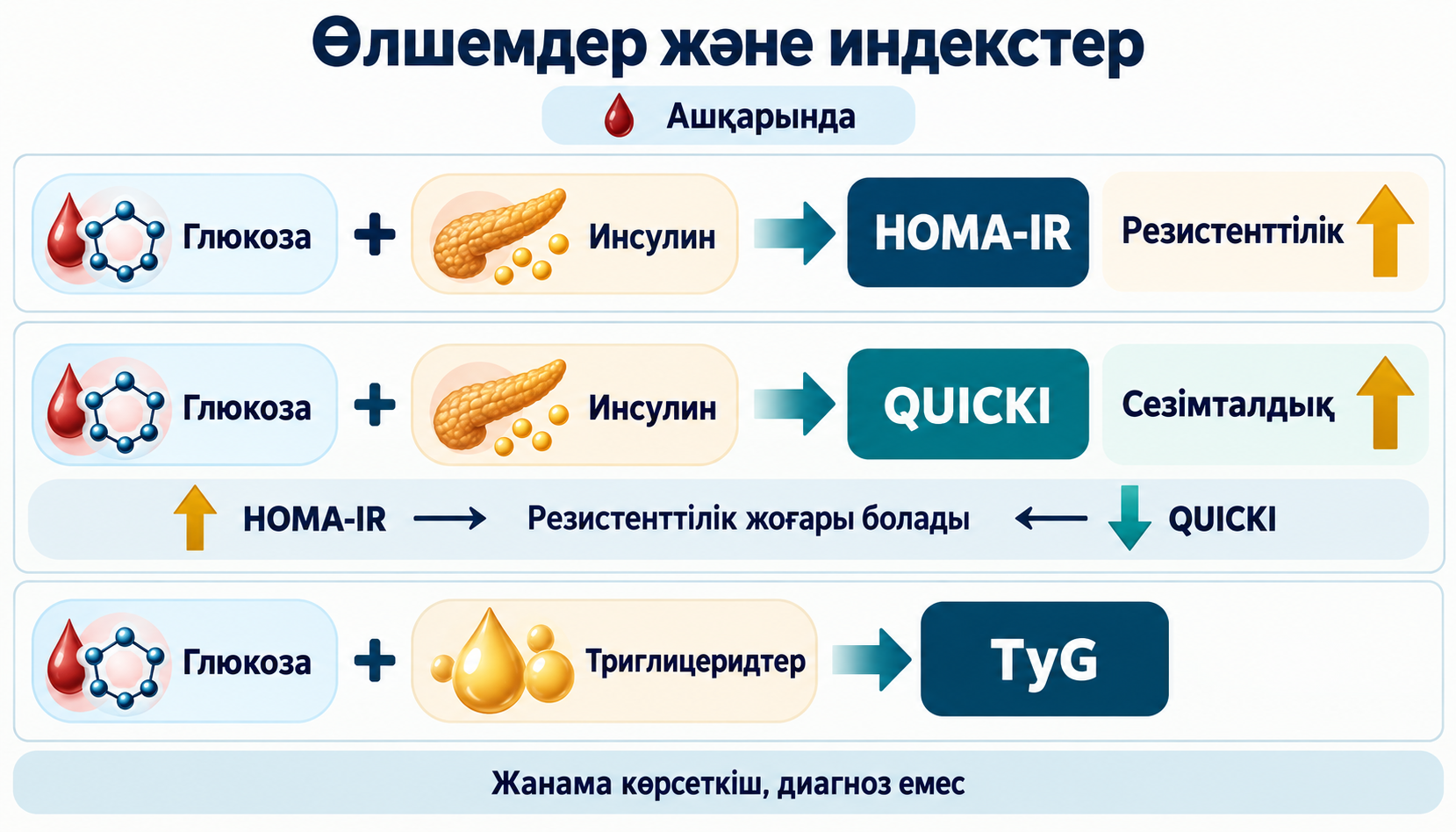 HOMA-IR және QUICKI үшін глюкоза мен инсулин; TyG үшін глюкоза мен триглицеридтер; индекстердің қарама-қарсы бағыты