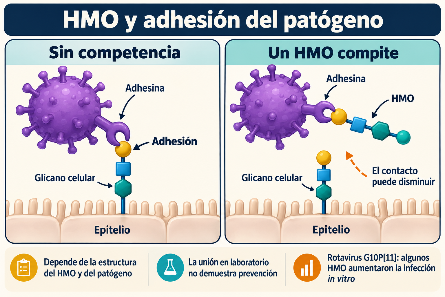 La competencia selectiva de HMO por la adhesina puede reducir la adhesión. La unión en laboratorio no demuestra prevención; algunos HMO aumentaron la infección por rotavirus G10P11 in vitro.