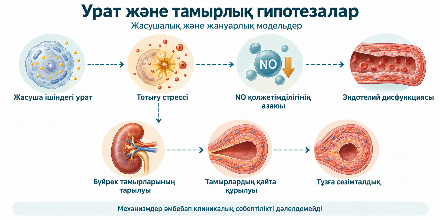 Жасушалық және жануарлық модельдердегі урат пен тамырлық гипотезалар; механизмдер әмбебап клиникалық себептілікті дәлелдемейді.