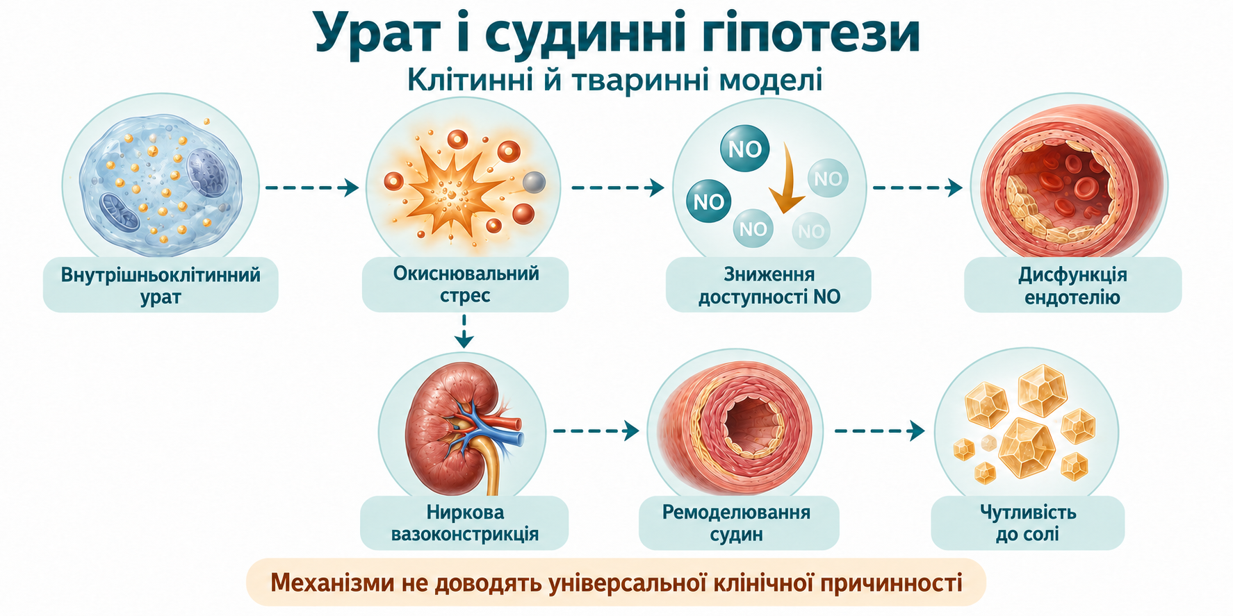 Урат і судинні гіпотези у клітинних і тваринних моделях; механізми не доводять універсальної клінічної причинності.