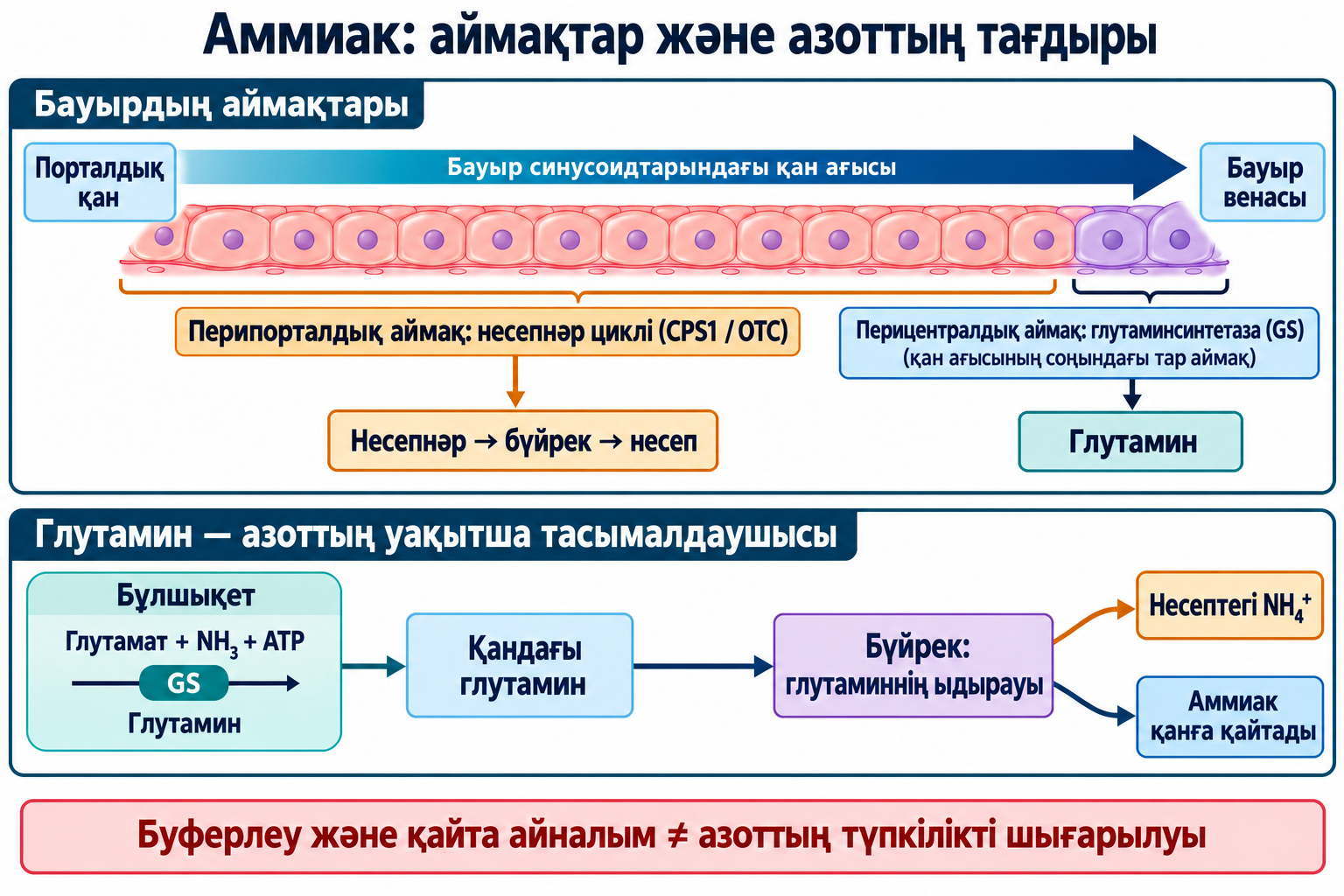 Перипорталдық несепнәр циклі мен тар перицентрлік глутаминсинтетаза аймағы; бұлшықет глутамині азотты уақытша тасымалдап, бүйректен шығарылуына не аммиактың қанға қайтуына жеткізеді.