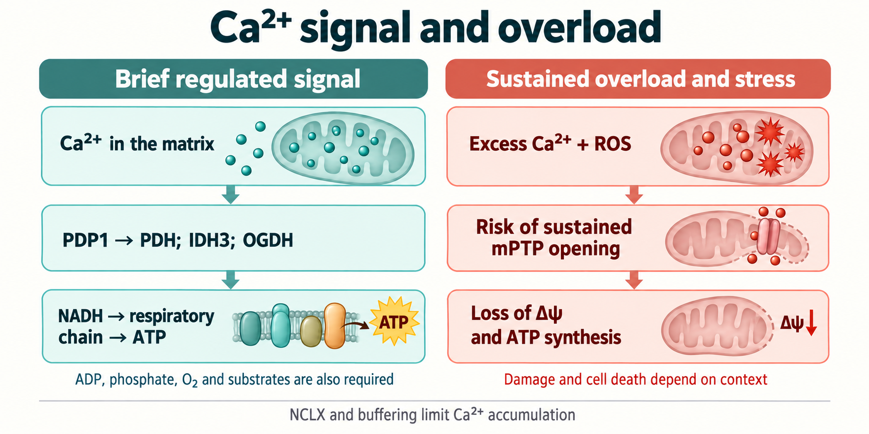 Brief regulated calcium supports metabolism; sustained overload and ROS increase mPTP and energy-failure risk.
