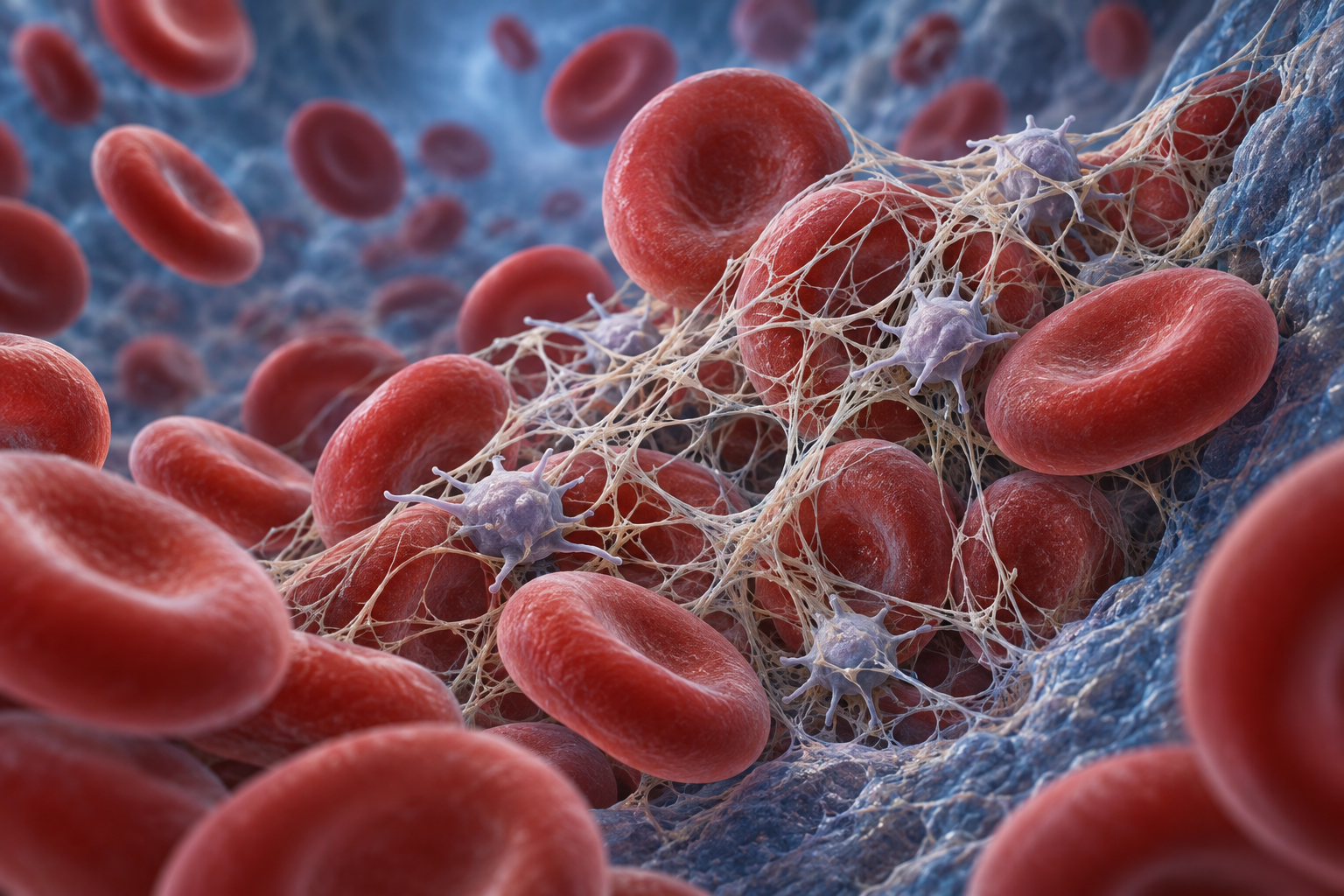 Red blood cells and platelets in a network of fibrin fibres.