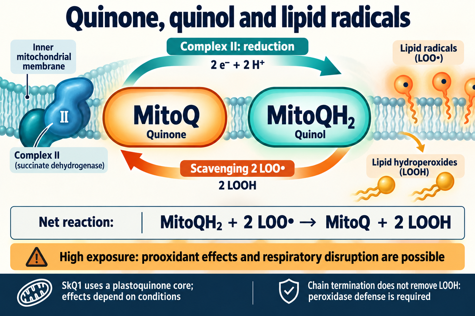 MitoQ/MitoQH₂ recycling: complex II reduction, lipid radical scavenging producing LOOH and possible prooxidant effects at high exposure.