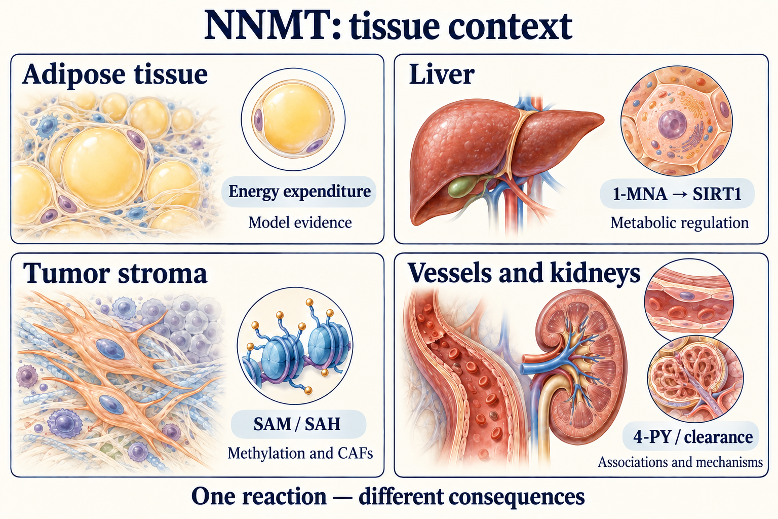 NNMT tissue contexts: energy expenditure in adipose models, hepatic 1-MNA–SIRT1, SAM/SAH and CAFs in tumor stroma, vascular associations of 4-PY and renal clearance.