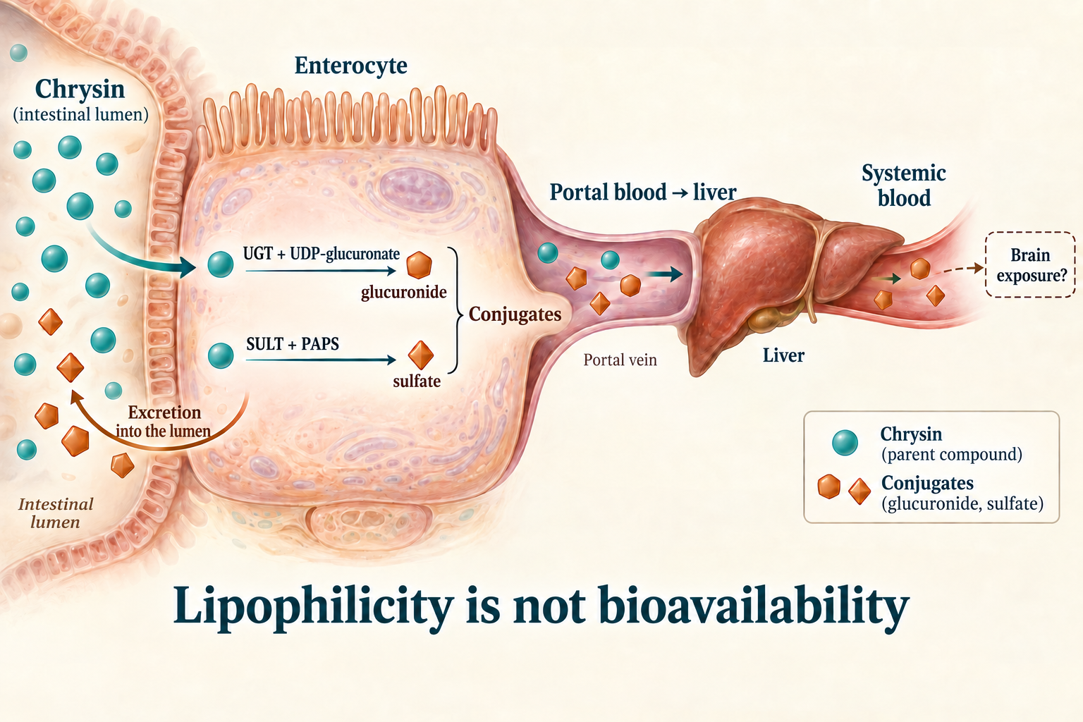 Oral chrysin undergoes intestinal and hepatic conjugation; the parent molecule and its metabolites are distinguished in blood, while brain exposure remains an open question.