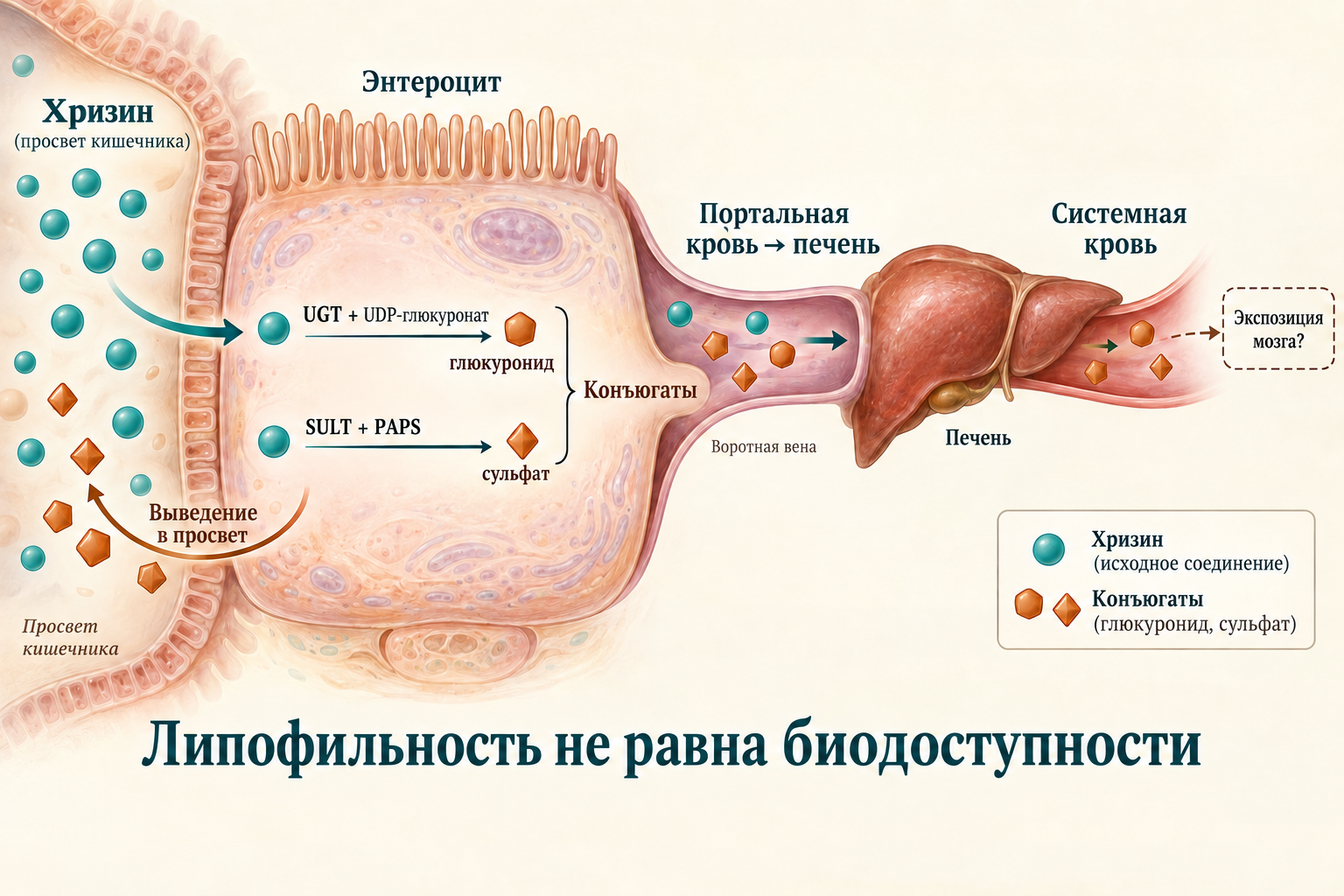 Пероральный хризин проходит кишечную и печёночную конъюгацию; в крови различаются исходная молекула и метаболиты, а экспозиция мозга остаётся отдельным вопросом.