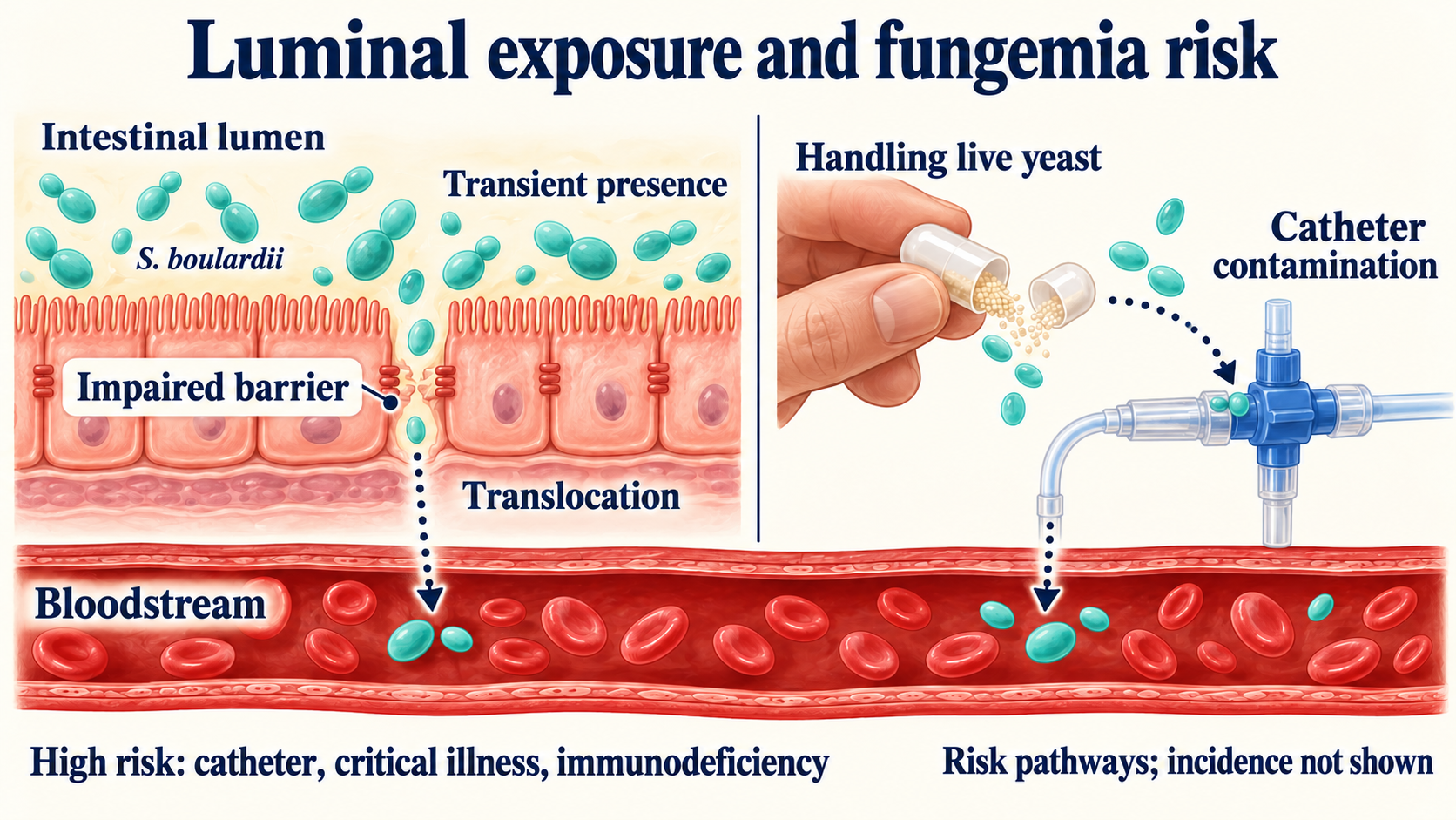 Two potential fungemia pathways: translocation across an impaired intestinal barrier and catheter contamination during live-yeast handling; incidence is not shown.