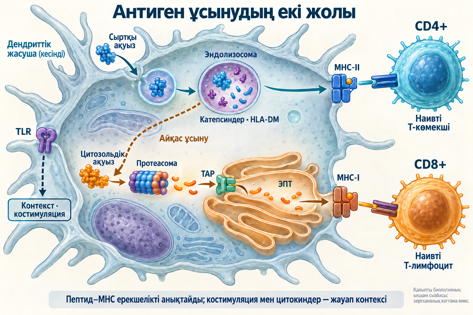 MHC-II–CD4+ және MHC-I–CD8+ жолдары, айқас ұсыну және бөлек TLR контекст сигналы.