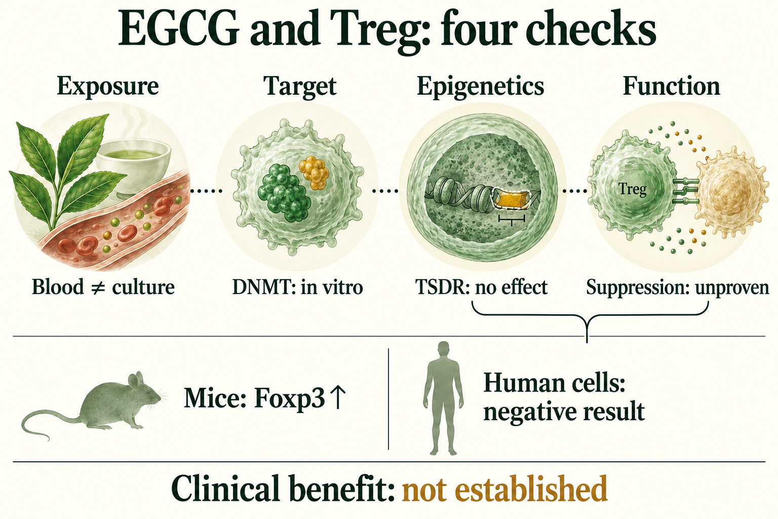 Four checks for EGCG: exposure, DNMT, TSDR and suppression; a mouse signal is contrasted with Kehrmann's negative human-cell result.