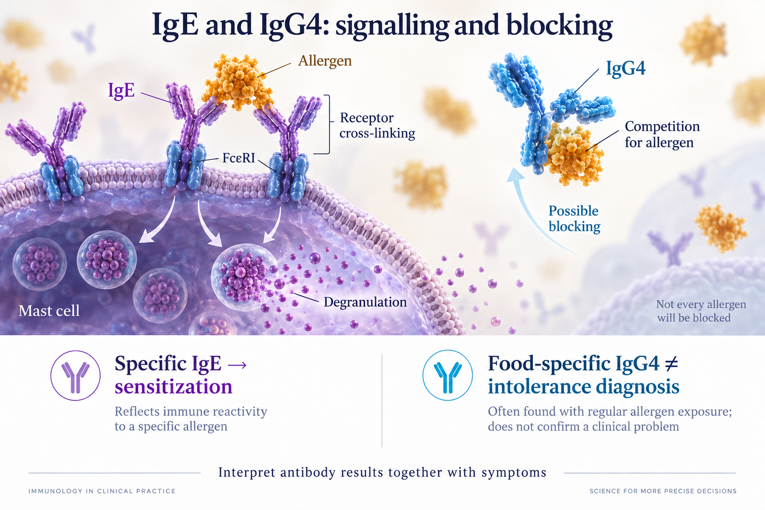 Diagram of IgE/FcεRI cross-linking, degranulation and possible IgG4 competition; antibodies do not replace clinical assessment.