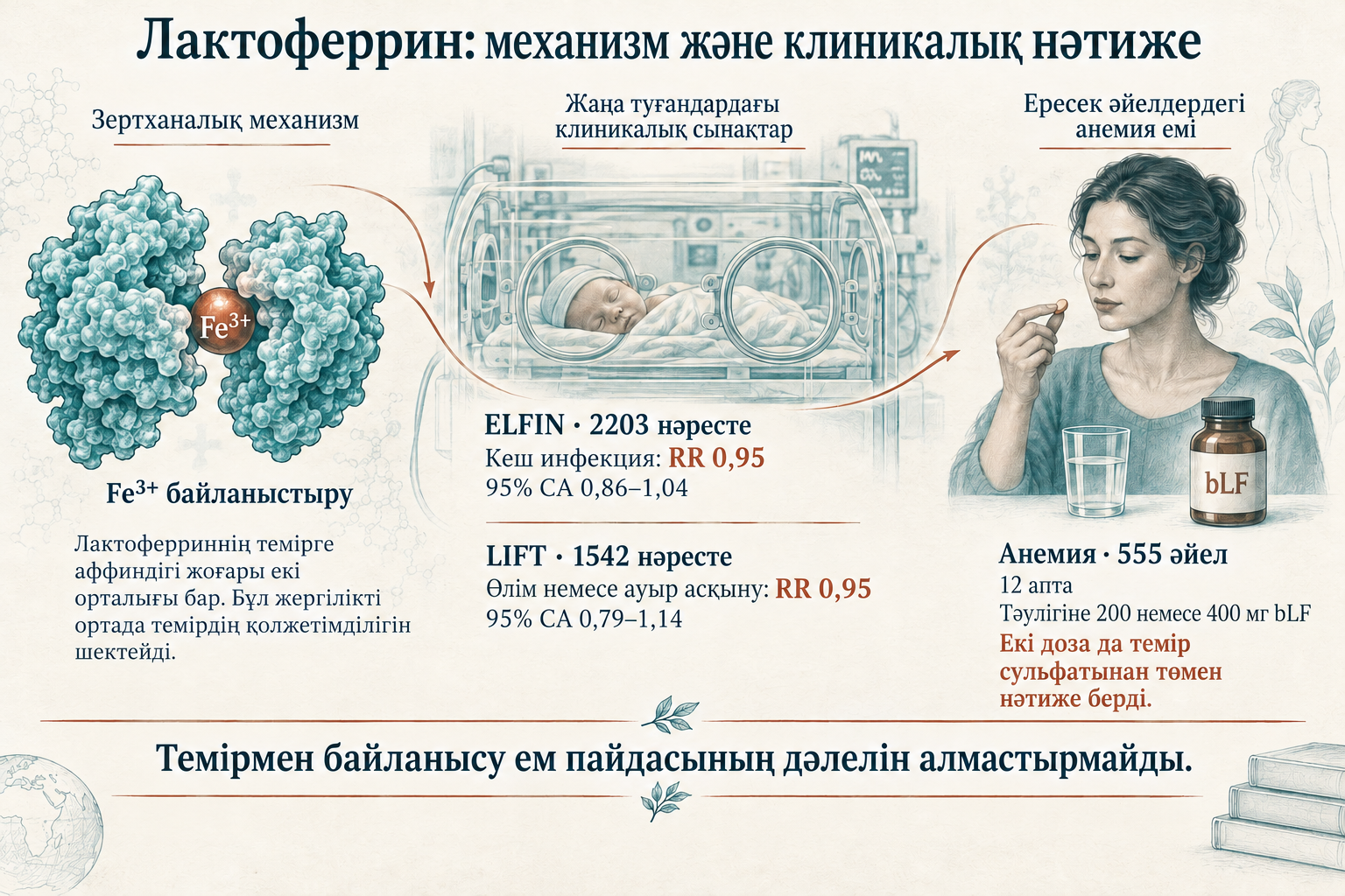 Зертханалық темір байланыстыру ELFIN мен LIFT негізгі нәтижелерінің бейтараптығымен және 555 әйелдегі анемия сынағымен салыстырылған: екі bLF дозасы да темір сульфатынан төмен нәтиже берді.
