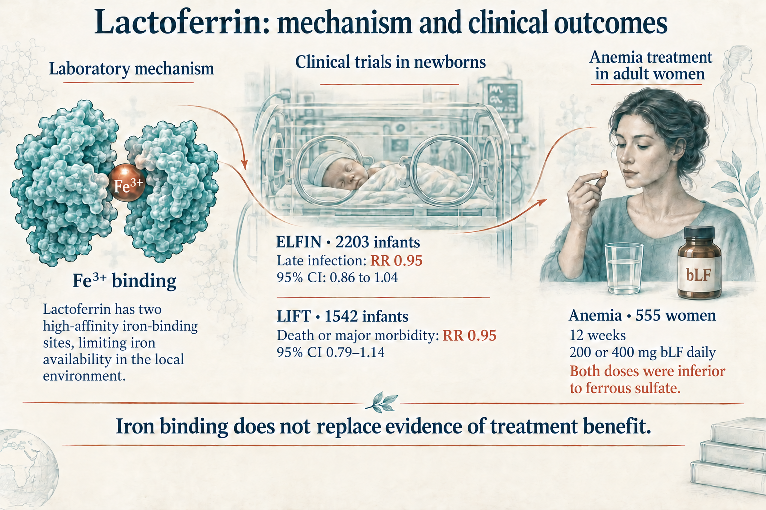 Laboratory iron binding alongside neutral primary outcomes in ELFIN and LIFT and an anemia trial in 555 women where both bLF doses were inferior to ferrous sulfate.