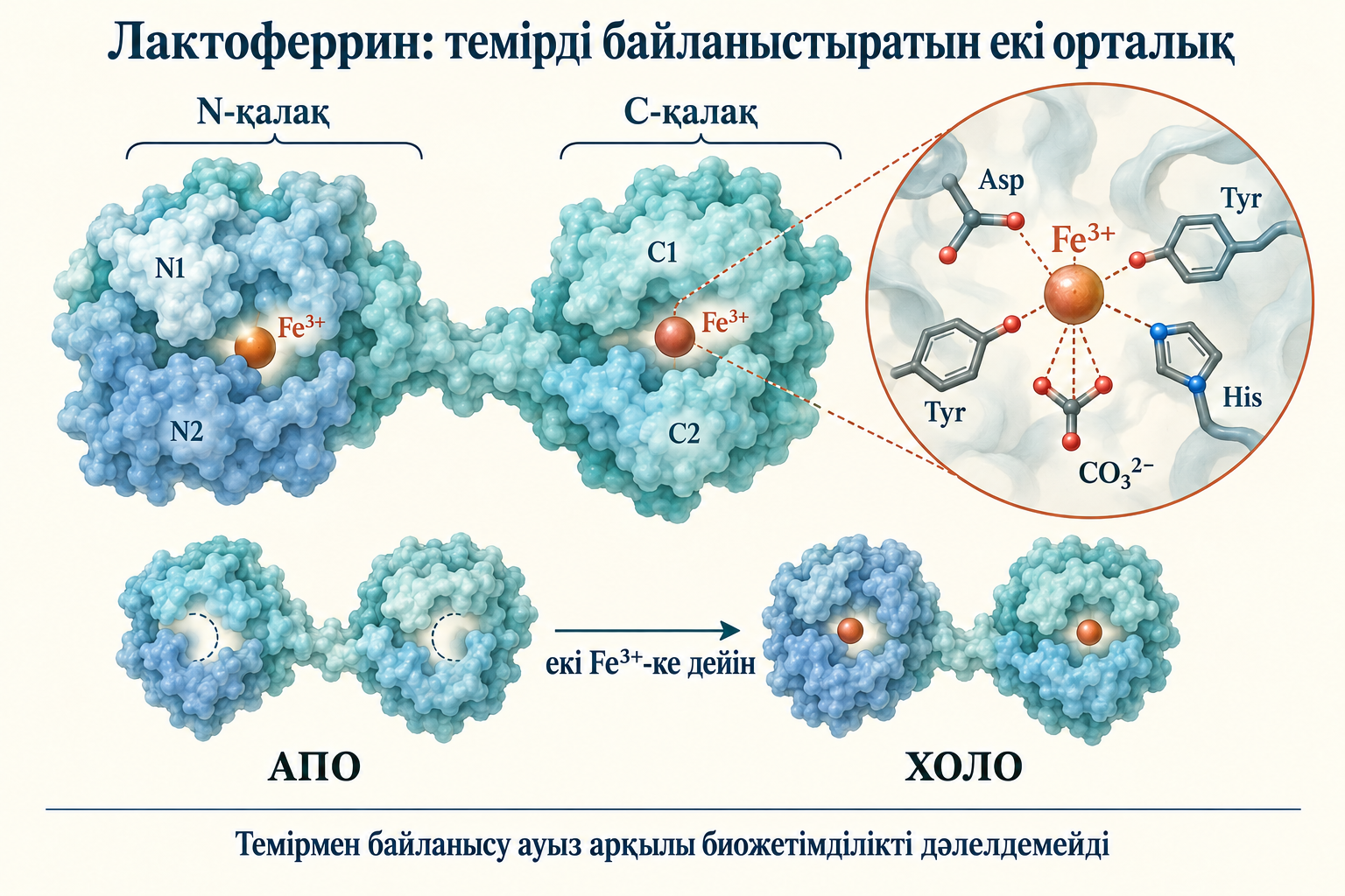 Лактоферриннің екі қалағы және Asp, екі Tyr, His пен карбонаты бар Fe³⁺ координациясының шартты орталығы; аподан холоға ауысу ауыз арқылы биожетімділікті дәлелдемейді.