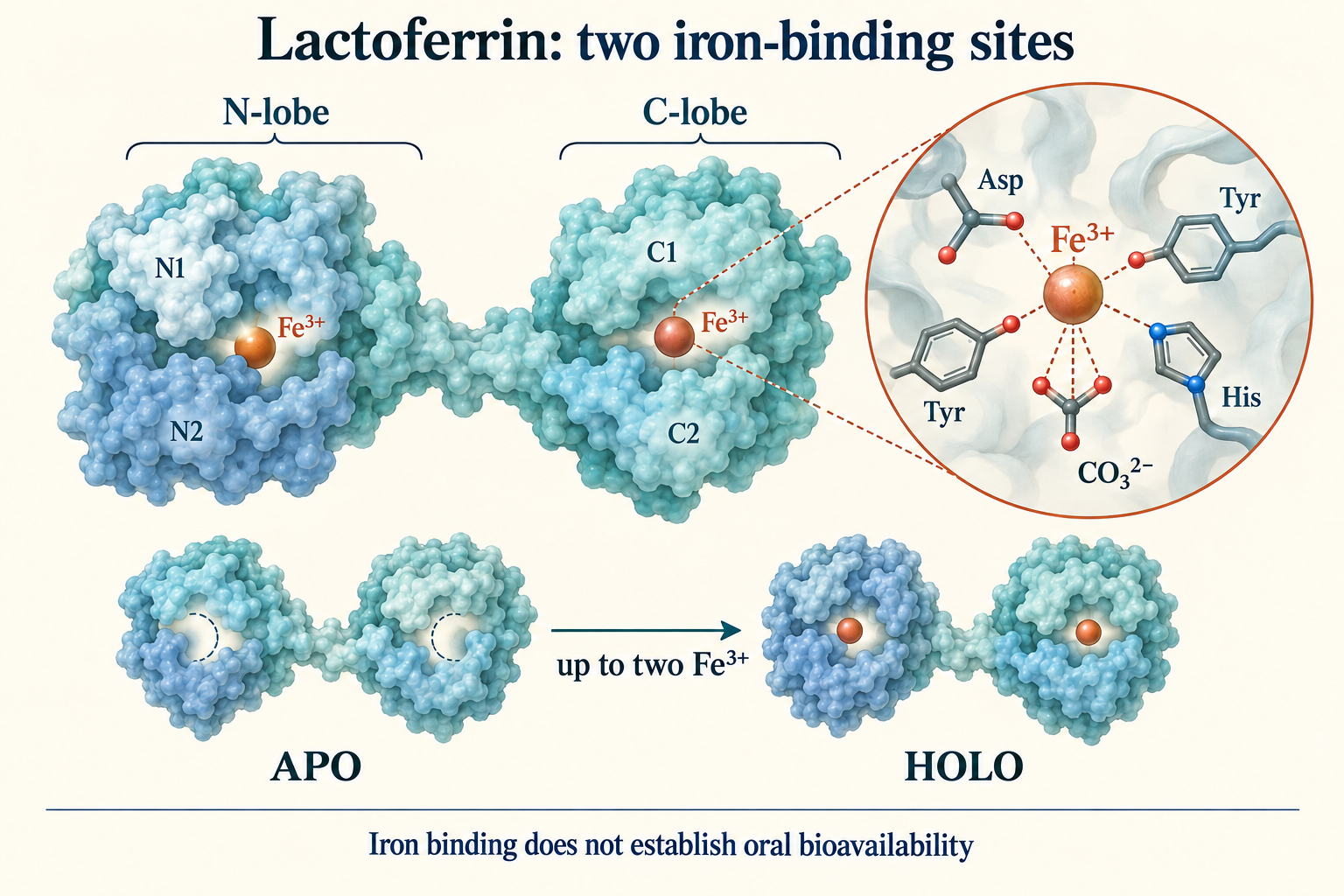 Two lactoferrin lobes and a schematic Fe³⁺ coordination site with Asp, two Tyr residues, His and carbonate; the apo-to-holo transition does not establish oral bioavailability.
