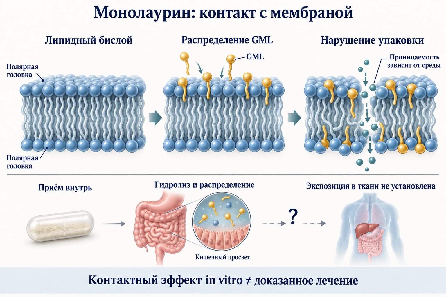 Концептуальная схема распределения GML в липидном бислое и изменения проницаемости; после приёма внутрь тканевая экспозиция не установлена.