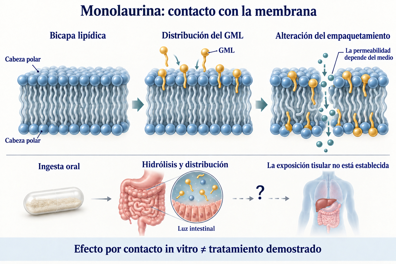 Esquema conceptual de distribución del GML en una bicapa y cambios de permeabilidad; no se ha establecido exposición tisular tras la ingesta.