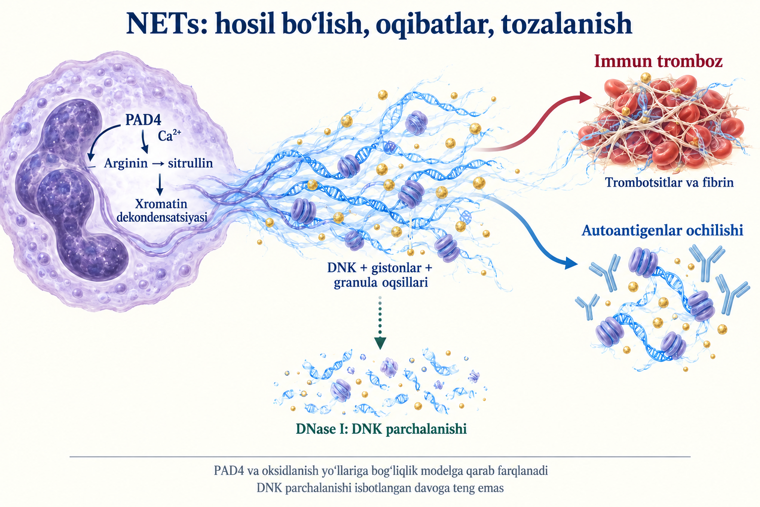 NETs: PAD4 yo‘li, immun tromboz, autoantigenlar ochilishi, DNase I orqali DNK parchalanishi va model cheklovlari.