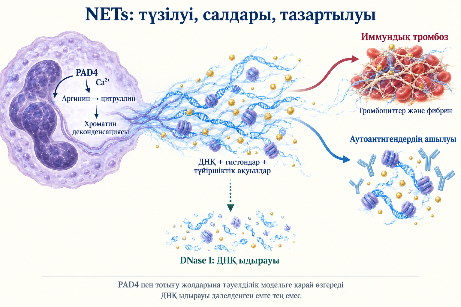 NETs: PAD4 жолы, иммундық тромбоз, аутоантигендердің ашылуы, DNase I арқылы ДНҚ ыдырауы және модель шектеулері.