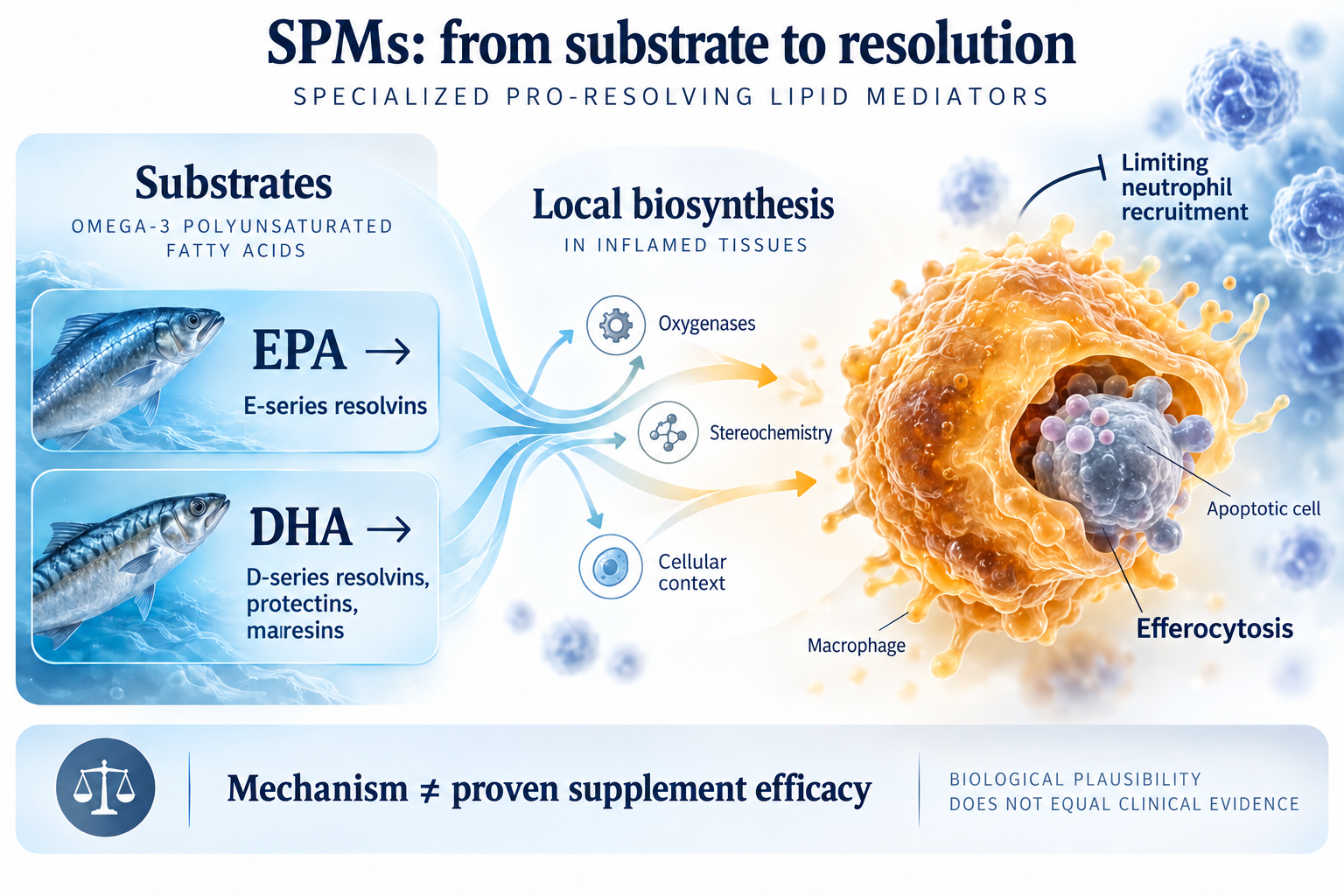 Diagram of EPA/DHA substrates, local biosynthesis and efferocytosis distinguishing mechanism from supplement efficacy.