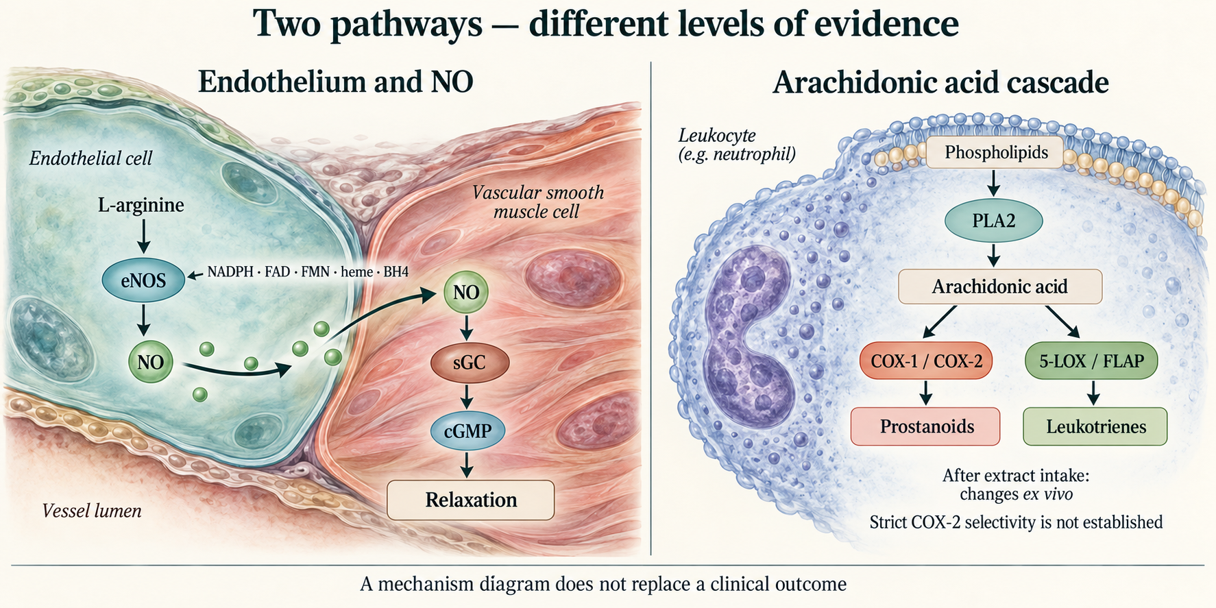 Endothelial eNOS–NO–sGC–cGMP signaling and separate COX and 5-LOX leukocyte branches, with limits of ex vivo evidence.