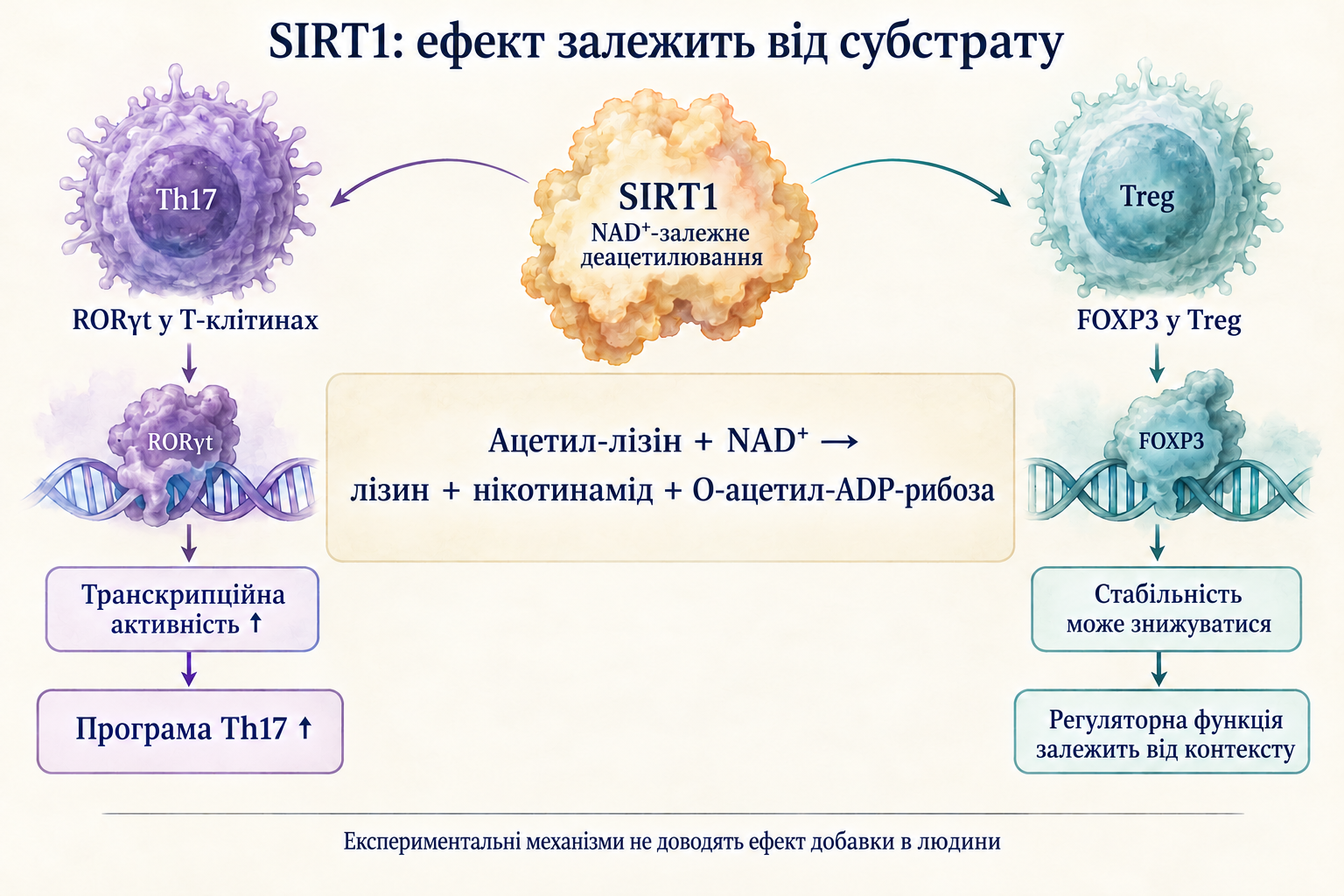 Контекстні ефекти SIRT1 на RORγt і FOXP3 та NAD⁺-залежна реакція деацетилювання.