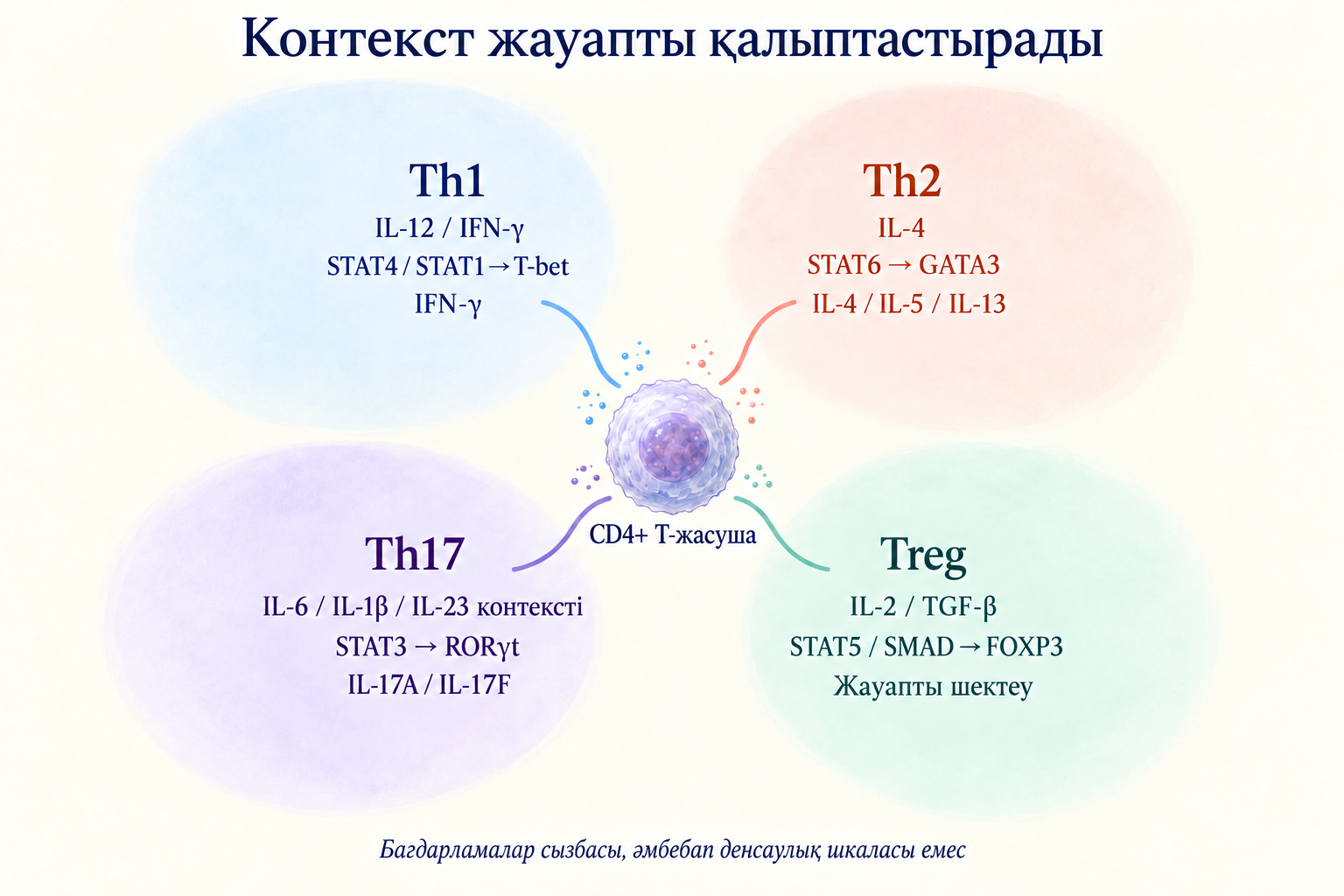 Th1, Th2, Th17 және Treg төрт контекстік бағдарламасы, цитокиндер және транскрипция аралықтары.
