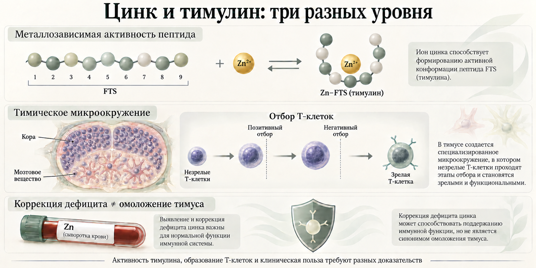Три отдельных уровня: девять остатков FTS и цинк, отбор T-клеток в тимусе, коррекция дефицита без обещания омоложения.