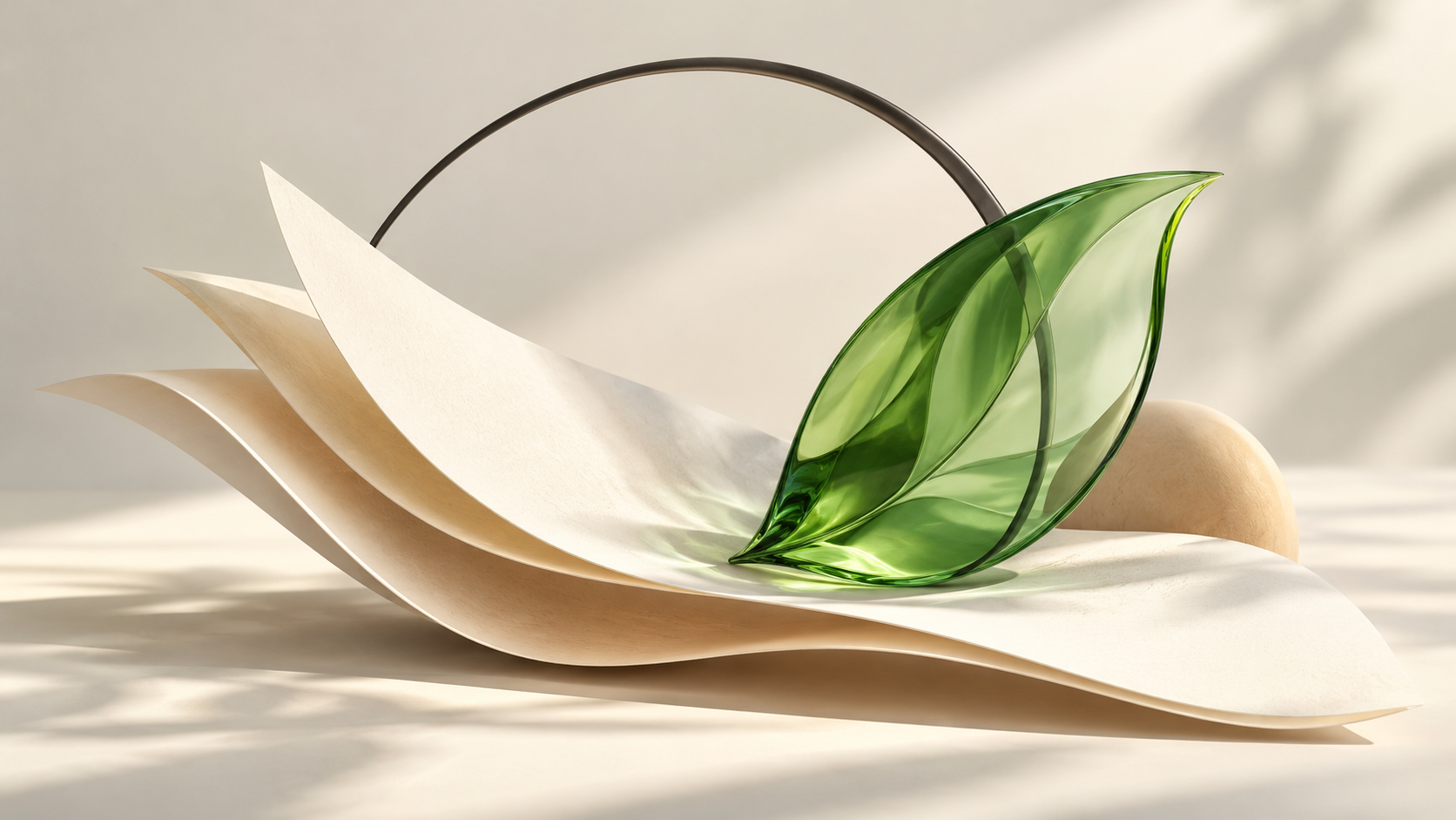 Green glass leaf on light paper shapes