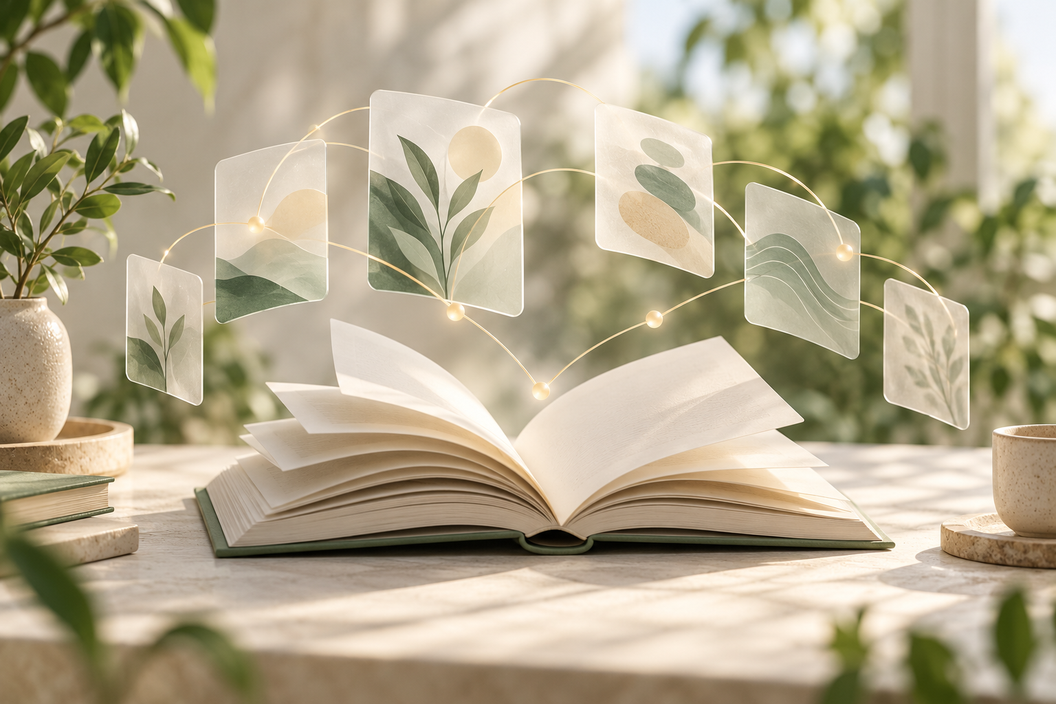 An open book and connected knowledge cards against green leaves.
